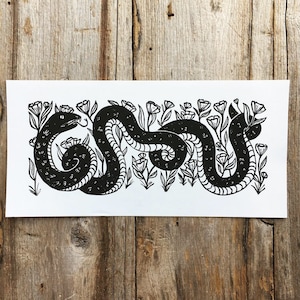 Garden Snake Block Print of Snake with Flowers image 1