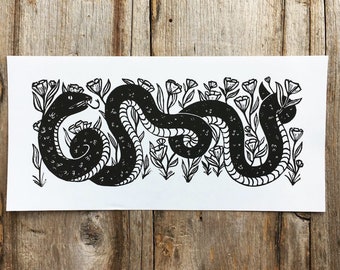 Garden Snake | Block Print of Snake with Flowers