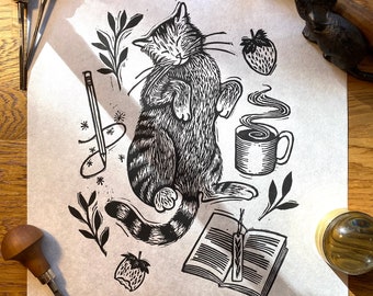 Creature Comforts | Linocut Block Relief Print of Cat with Coffee & Book
