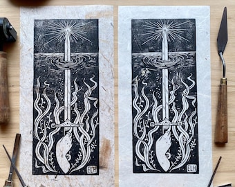 Lady of the Lake | Hand Carved Block Print | hand holding sword underwater