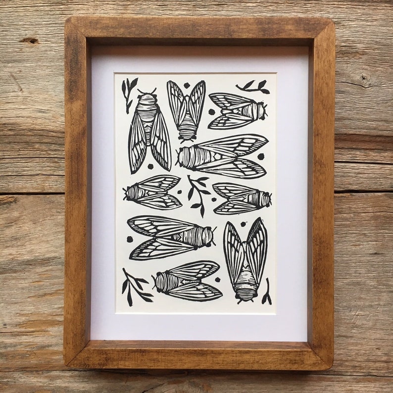 CICADAS Block Print of Cicadas on Paper image 1