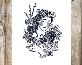 Reine des champignons | Impression de bloc sculptée à la main | femme avec couronne de champignons