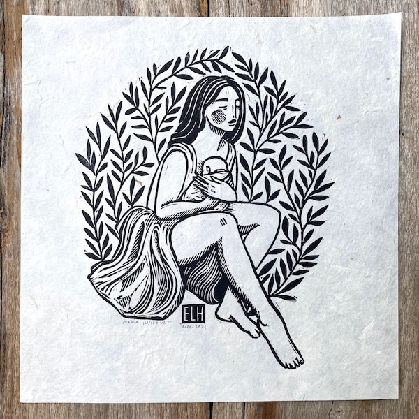 Mama | Hand Carved Block Print | Mother holding child