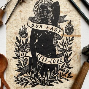 Our Lady of Self Love Linocut Relief Print of Self-Love Saint Block Print banana fiber