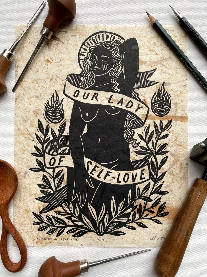 Our Lady of Self Love Linocut Relief Print of Self-Love Saint Block Print banana fiber