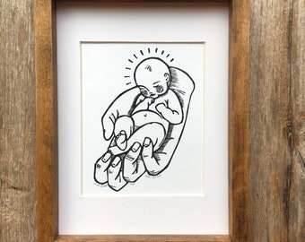 Wee Babe | fine art block print of little baby in a hand