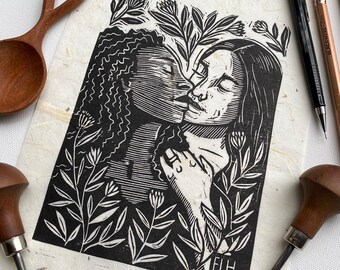 Lovers II | Linocut Relief Print of Couple on Paper | LGBTQ+