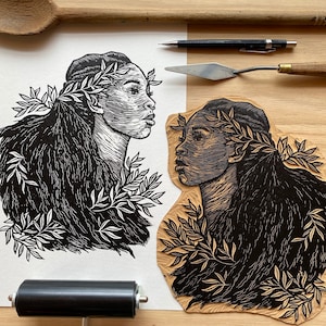 Muse | Hand Carved Block Print of Dryad on Paper