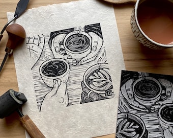 ¡Nos vemos en la cafetería! / Impresión en relieve en linóleo de amigos tomando café