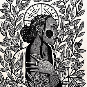 The Rose Queen Linocut Relief Print of Black Woman with Roses image 2