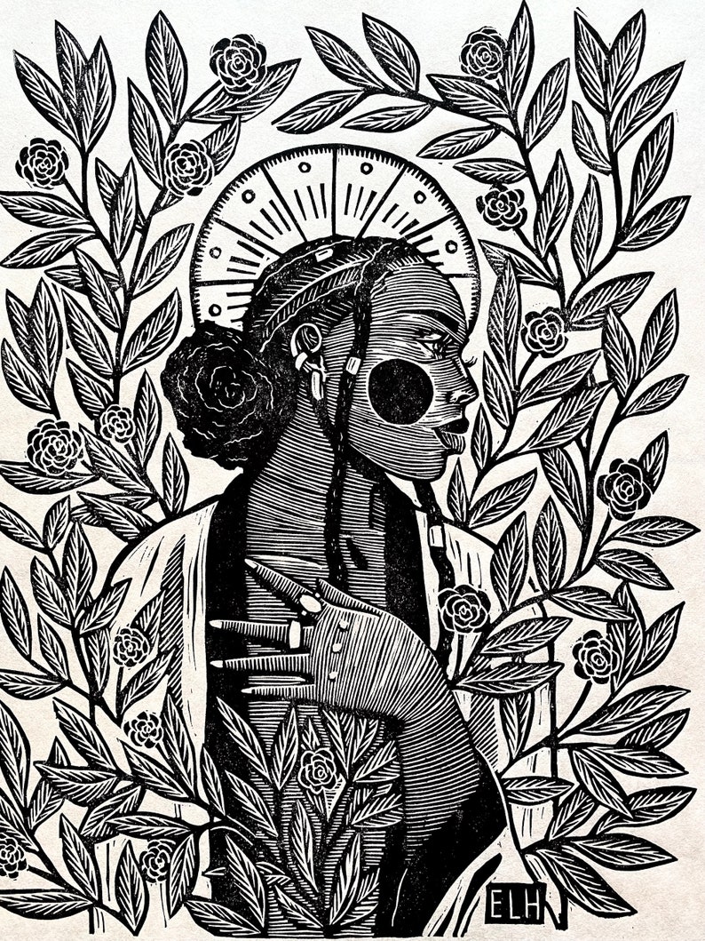 The Rose Queen Linocut Relief Print of Black Woman with Roses image 2