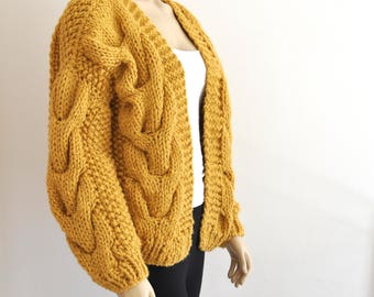 Senfgelb Oversized Strickjacke Grobstrick Bomberjacke Handgestrickte Mantel Geschenk für Sie