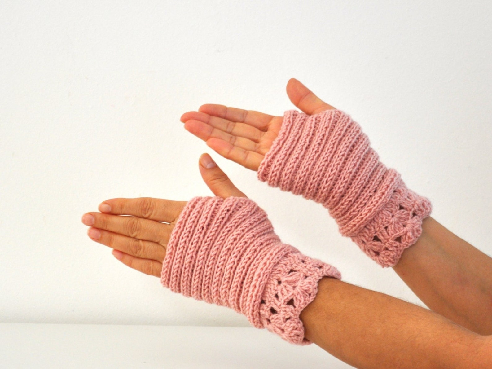 Pink Knit Gloves Fingerless Gloves Wrist Warmers Lace Gloves Etsy