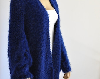 Blue Oversized Knit Cardigan, Oversized Knitted Coat, Chunky Cable Knit Sweater Cardigan, Hand Knitted Jacket, Sapphire Blue