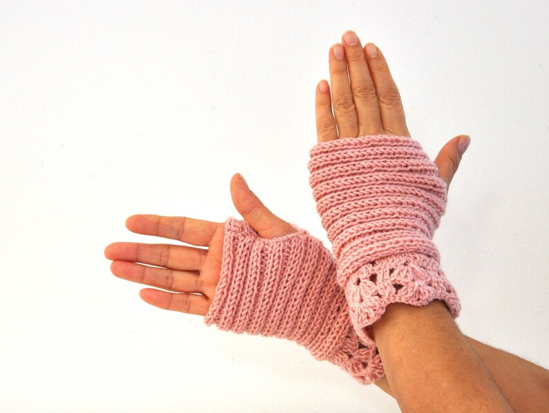 Pink Knit Gloves Fingerless Gloves Wrist Warmers Lace Gloves Etsy