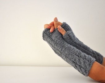 Knit Fingerless Gloves Arm Warmers Long Mittens Knitted Winter Accessories Gray Grey