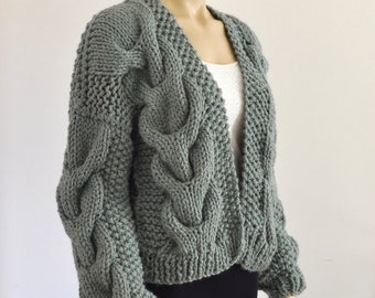 Chunky Knit Cardigan Jacket Hand Knit Women Coat Bomber Jacket Green Gift for Her Green