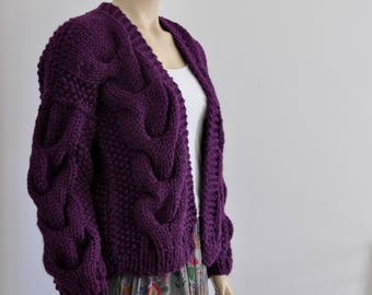 Purple Oversized Knit Cardigan, Women Chunky Cardigan, Wool Sweater Cardigan, Bomber Jacket