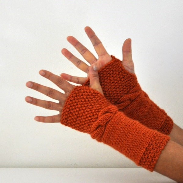 Gants sans doigts en laine, chauffe-bras, Orange brûlé, renard brique, tricoté à la main, accessoires chics d'hiver, mode hiver