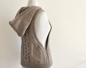 Sweater Vest Hooded Vest Sweater Hand Knit Pale Brown Earth Tones