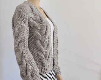 Chunky Pullover Strickjacke gemütlich Warme Frauen Jacke Handgestrickt Grau