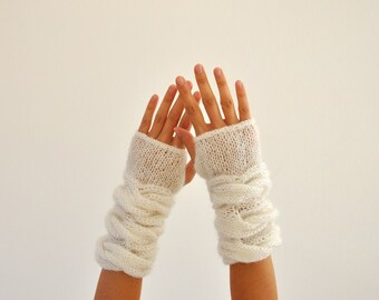 Fingerless Gloves Wrist Warmers White Mohair Soft Warm Cozy Winter Accessories Winter Fashion Chic Elegant