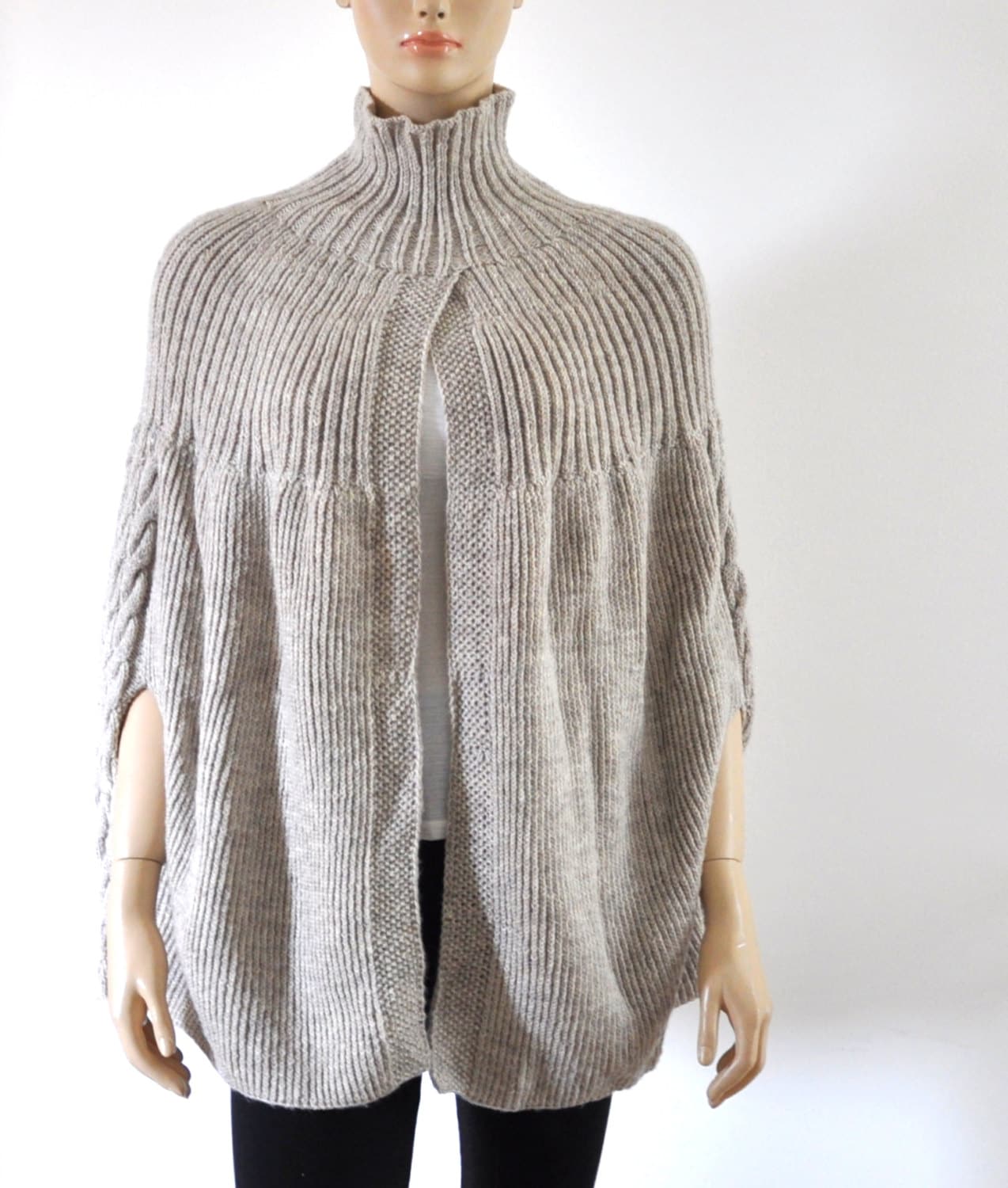 Oversized Poncho Sweater Beige Knit Cardigan Coat Chunky Wool Poncho Wrap Sweater Hand Knit