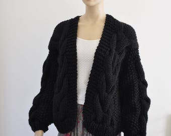 Black Oversized Knit Cardigan, Women Chunky Cardigan, Wool Sweater Cardigan, Bomber Jacket