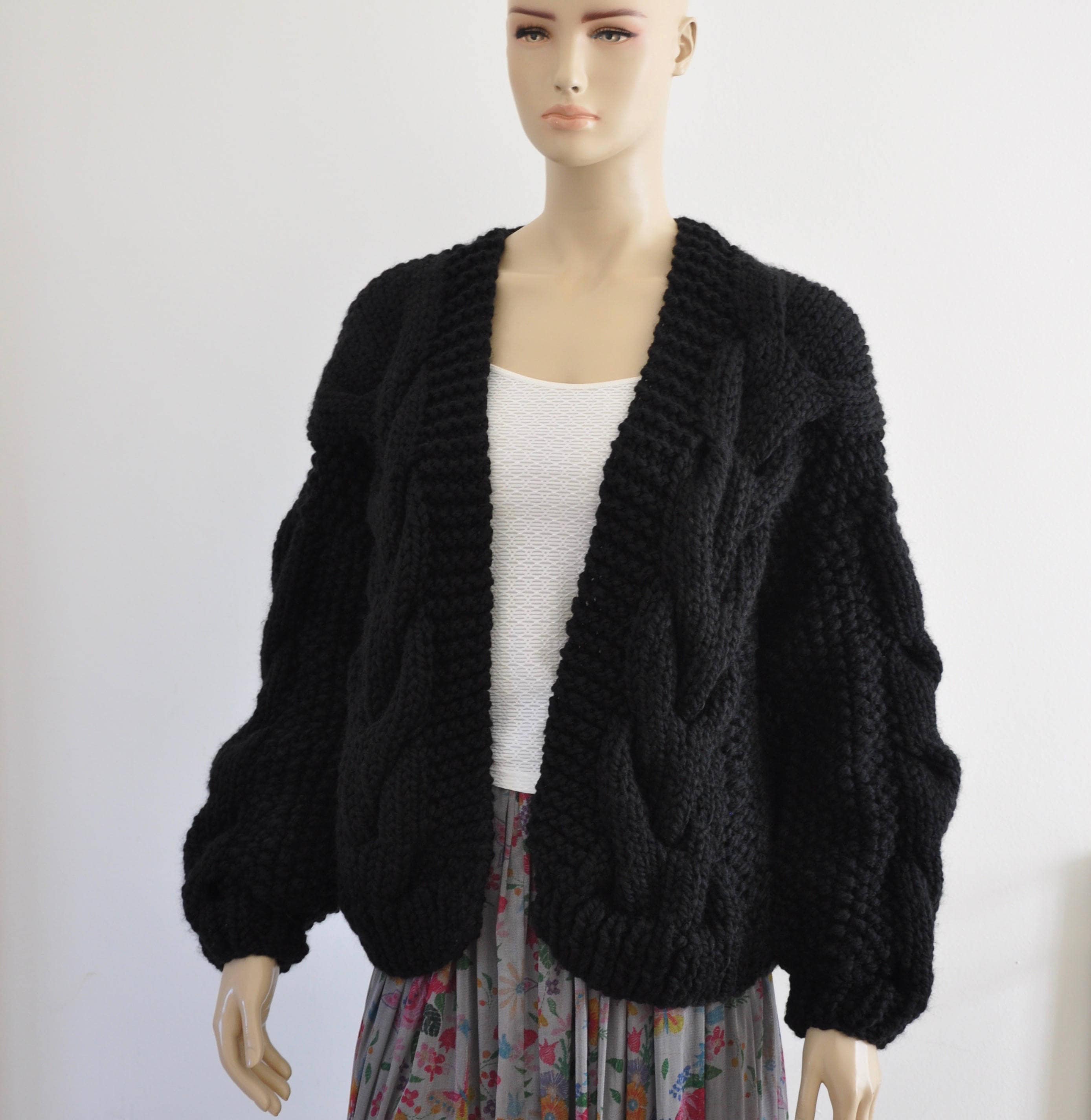 Black Oversized Knit Cardigan, Women Chunky Cardigan, Wool Sweater