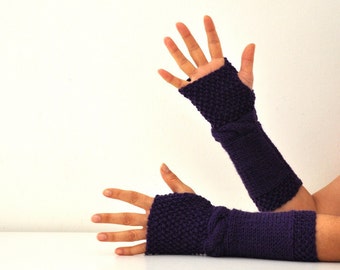 Wool Fingerless Gloves Armwarmers Dark Purple Eggplant Plum Hand Knit Chic Winter Accessories Winter Fashion