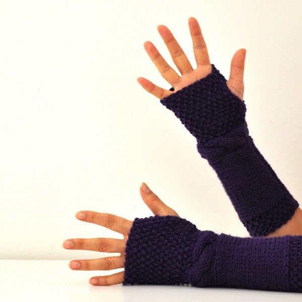 Wool Fingerless Gloves Armwarmers Dark Purple Eggplant Plum Hand Knit Chic Winter Accessories Winter Fashion