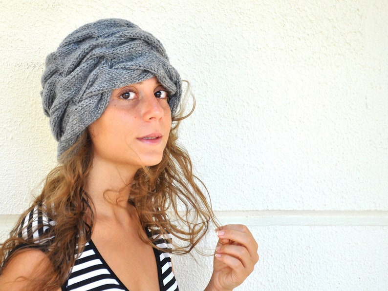 Hat Beanie Hat Adult Hat Braided Hand Knit Cozy Warm Women Accessories Winter Fashion Gray Grey image 3