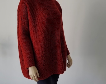 Red Knit Chunky Sweater, Brick Black Polka Dot Oversized Sweater, Hand Knit Pullover, Wool Plus Size Sweater