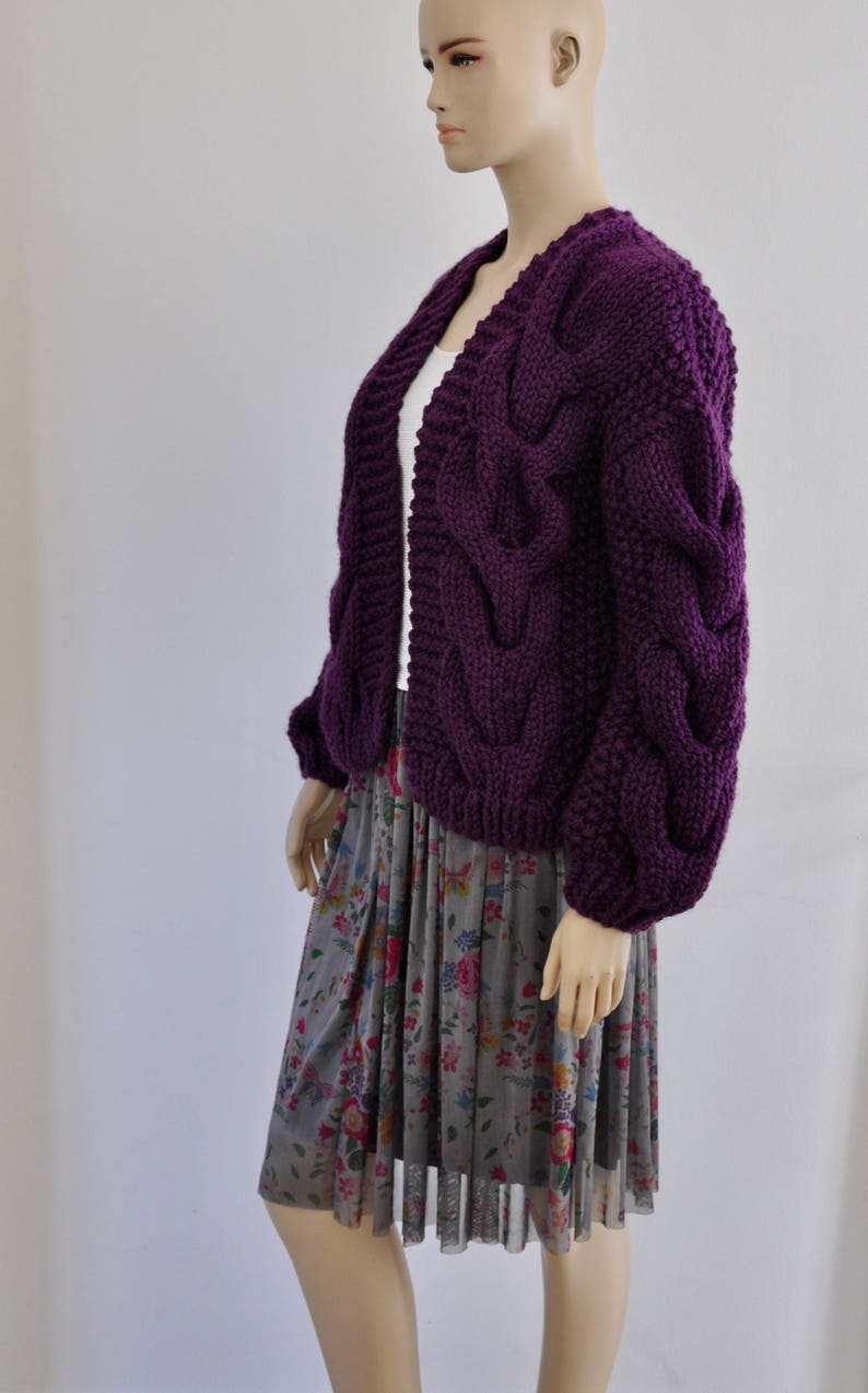Purple Oversized Knit Cardigan, Women Chunky Cardigan, Wool Sweater