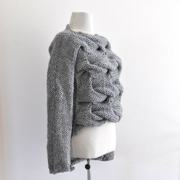 Chunky Sweater Cable Knit Tunic Hand Knit Gray Grey