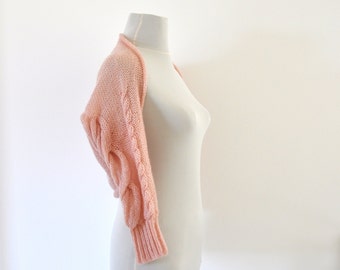 Bridal Shrug Bolero Wedding Jacket Rose Pink Blush Hand Knit 3/4 Sleeve Chic Delicate Romantic