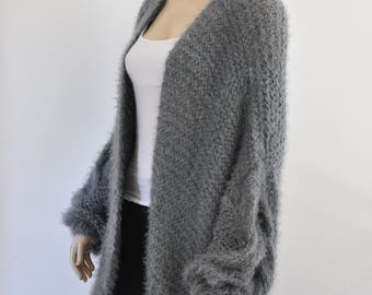 Gray Oversized Knit Cardigan Chunky Cable Knit Jacket Sweater Cardigan Slouchy Fluffy Hand Knitted Grey Gift for Her