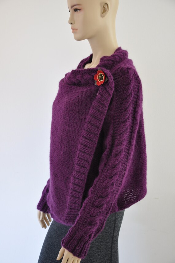 Purple Wrap Sweater Cardigan Jacket Tunic Chunky Cable Sweater Hand Knit