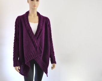 Purple Wrap Sweater Cardigan Jacket Tunic Chunky Cable Sweater Hand Knit