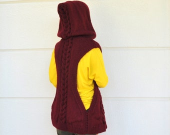 Sweater Vest Hooded Vest Hand Knit Sweater Burgundy Bourdeaux Red Oxblood Winter Fashion Winter Accessories