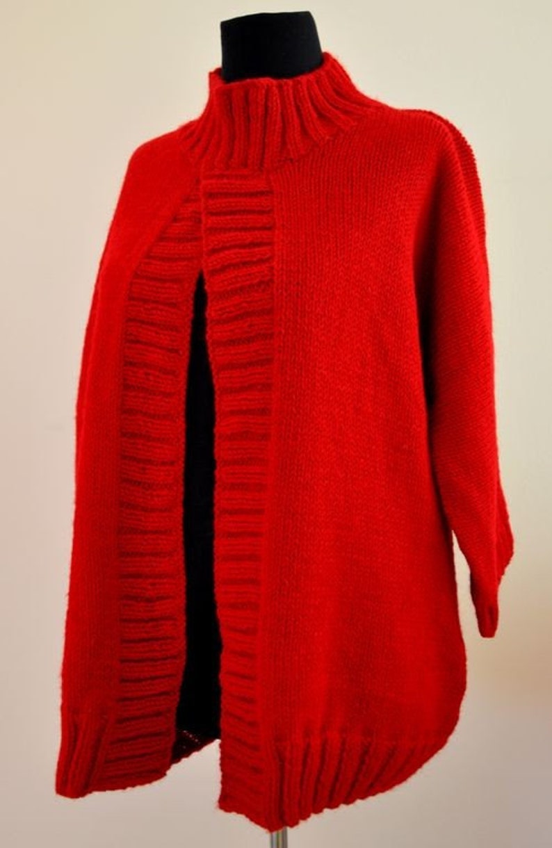 Oversized Sweater Cardigan Jacket Tunic Red Hand Knit