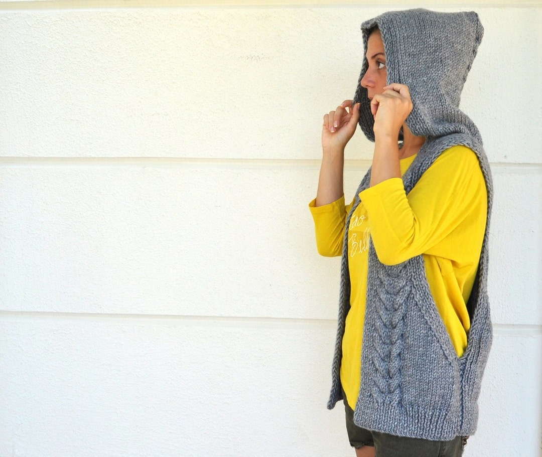 Cable Knit Vest Sweater Vest Hooded Vest Hand Knit Grey Gray - Etsy