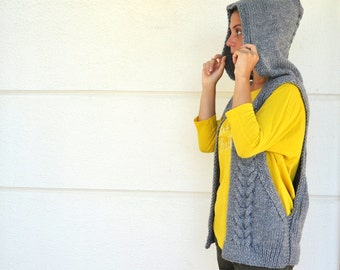 Cable Knit Vest Sweater Vest Hooded Vest Hand Knit Grey Gray