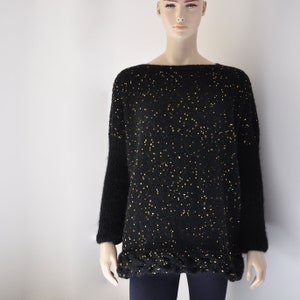 Black Oversized Sweater Mohair Plus Size Sweater with Golden Sequins Chunky Overcoat Hand Knitted