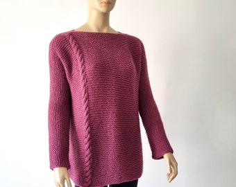 Grobstrick-Pullover, Damen Oversized Pullover, Zopfmuster Pullover Cardigan, Plus Size Pullover, Magenta Tunika