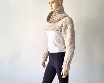 Damen Pullover Strickjacke Shrug Bolero Chunky High Neck Lange Ärmel Dicke Beige Haferflocken