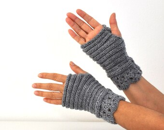 Gray Fingerless Gloves Wrist Warmers Lace Gloves Gift for Her