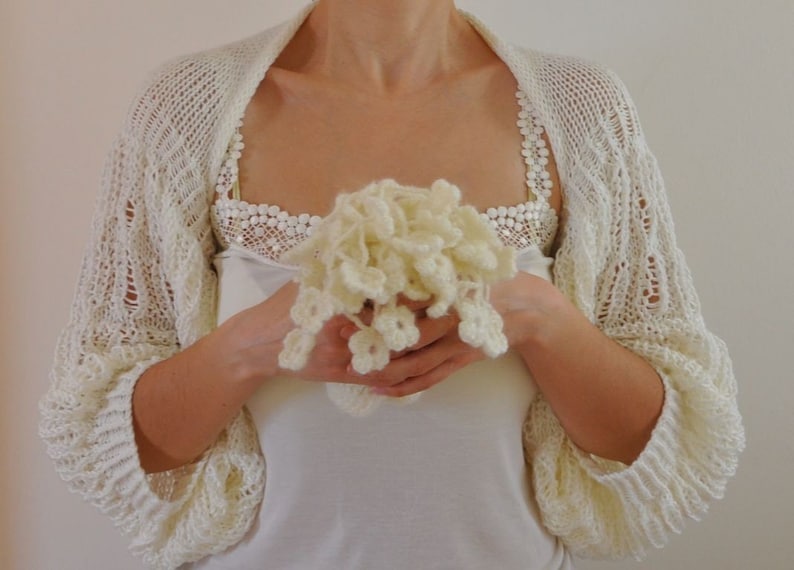 Ivory Shrug Bolero Bridal Shrug Wedding Bolero Bridal Jacket Bridal Accessories Shrugs Boleros Romantic Soft Elegant Hand Knit image 2