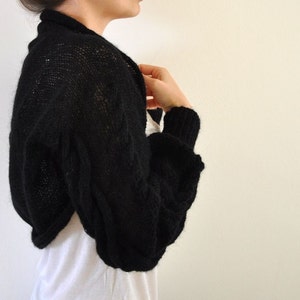 Hand Knit Shrug Bolero Bridal Shrug Black Mohair Long Sleeved Braided Sweater Cardigan