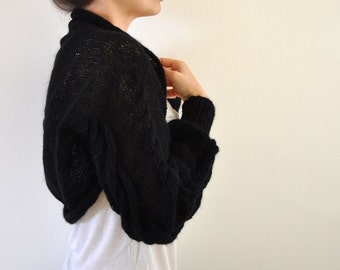 Hand Knit Shrug Bolero Bridal Shrug Black Mohair Long Sleeved Braided Sweater Cardigan